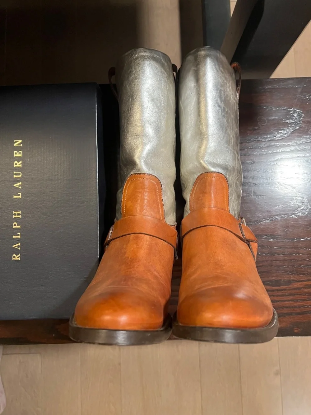 NEW Ralph Lauren Purple Label Silver and Ten Leather Boots Sz. 8 1/2 - Picture 7 of 13